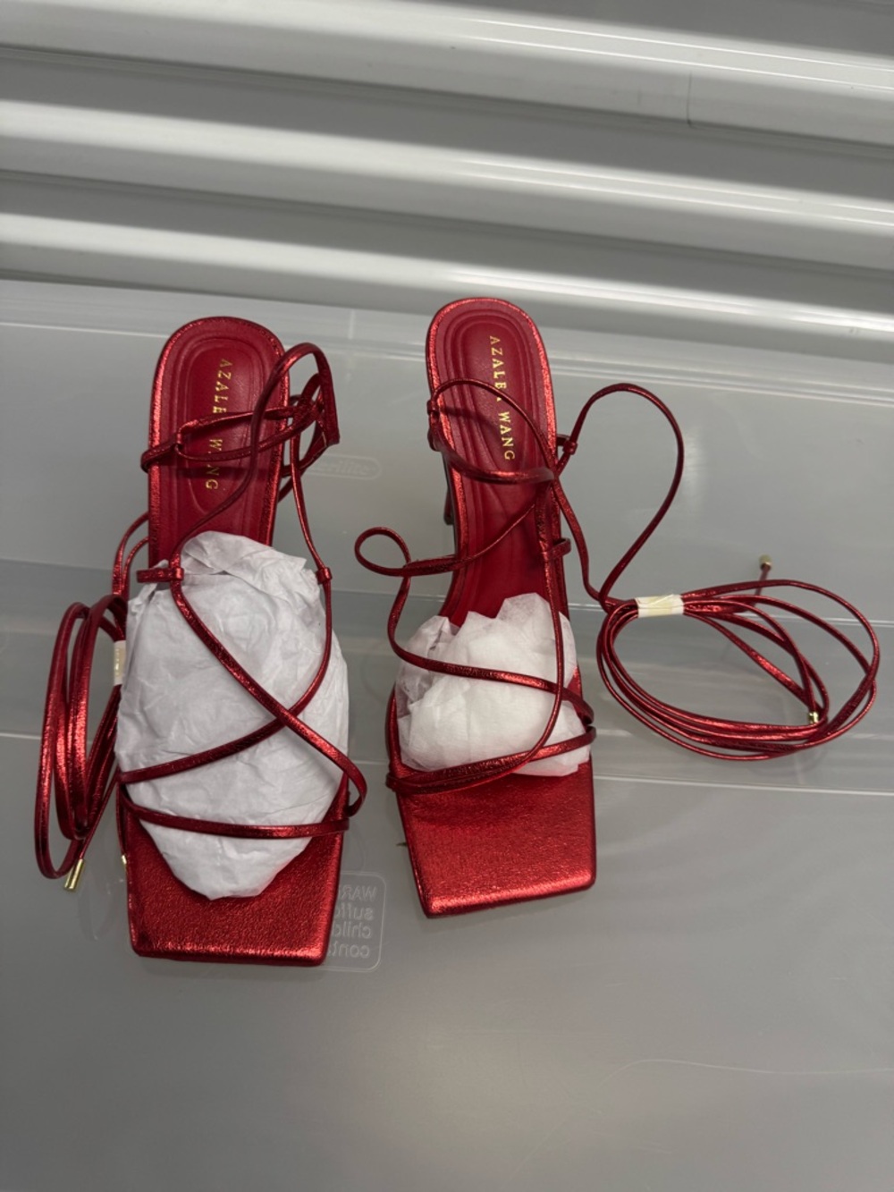 Azaleia Wang Red Metallic Strappy Square-Toe Heels with Wrap Ties